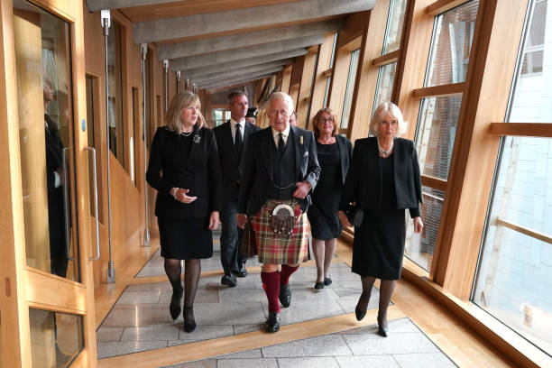 GBR: King Charles III And The Queen Consort Attend The Scottish Parliament To Receive A Motion of Condolence