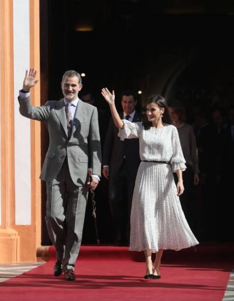 King Felipe VI and Queen Letizia greet the residents of Almonte after visiting the parish of Nuestra Señora de la Asuncion on the occasion of the...