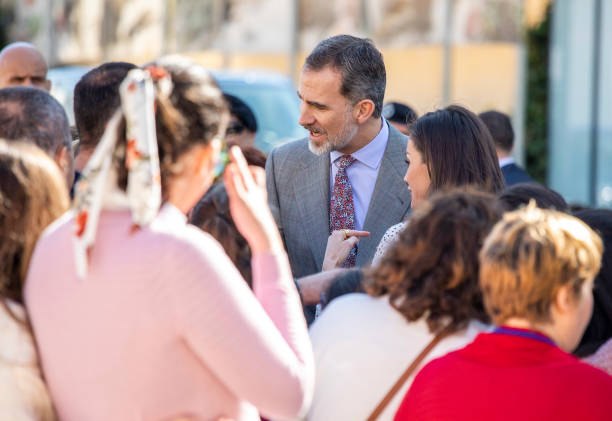 King Felipe VI and Queen Letizia greet the residents of Almonte before visiting the parish of Nuestra Señora de la Asuncion on the occasion of the...