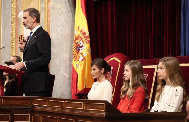 King Felipe VI is seen delivering his speech during the solemn opening of the 14th legislature at the Spanish Parliament on February 03 2020 in...