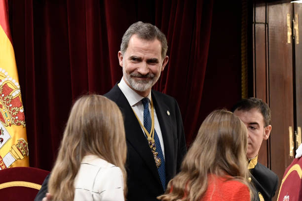 King Felipe VI of Spain Princess Leonor Princess Sofia attend the solemn opening of the 14th legislature at the Spanish Parliament on February 03...