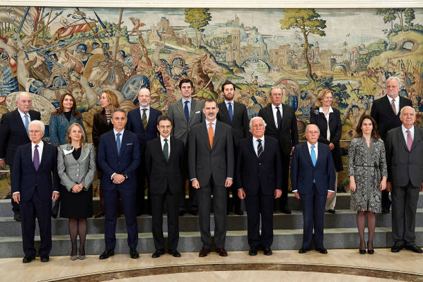 King Felipe VI of Spain receives members of 'Consejo de la Diputacion de la Grandeza de Espana y Titulos del Reino' at Zarzuela Palace on February 13...