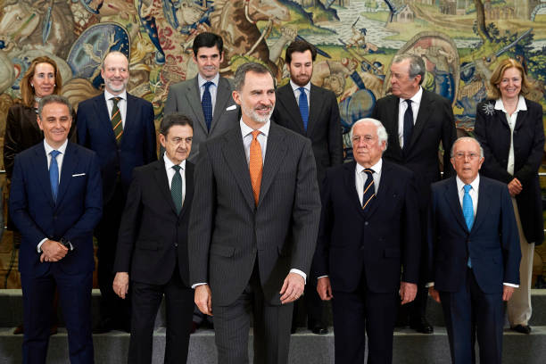 King Felipe VI of Spain receives members of 'Consejo de la Diputacion de la Grandeza de Espana y Titulos del Reino' at Zarzuela Palace on February 13...