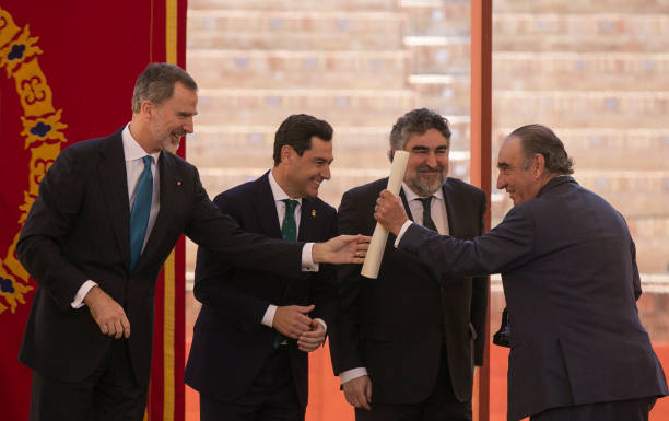 King Felipe VI the president of Andalucia Juanma Moreno and the minister of Culture and Sports Jose Manuel Rodriguez Uribes during the ceremony of...