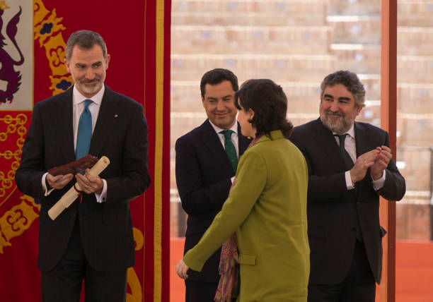 King Felipe VI the president of Andalucia Juanma Moreno and the minister of Culture and Sports Jose Manuel Rodriguez Uribes during the ceremony of...