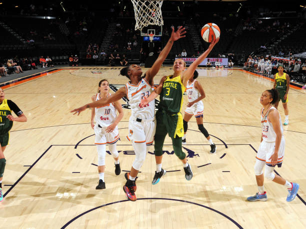 Kitija Laksa of the Seattle Storm shoots the ball during the game against the Phoenix Mercury on May 8, 2021 at Phoenix Suns Arena in Phoenix,...