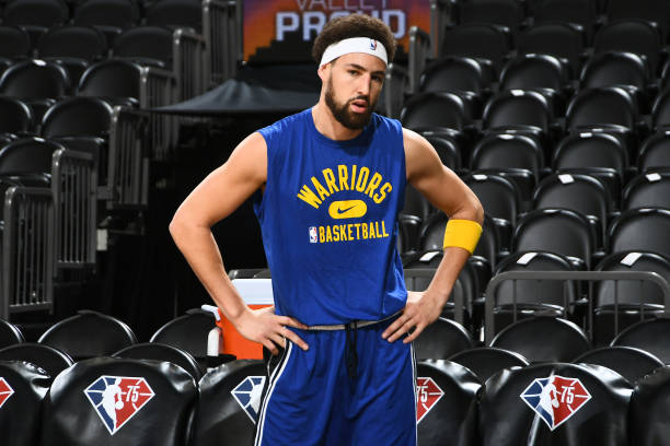 Klay Thompson of the Golden State Warriors looks on prior to the game against the Phoenix Suns on December 25, 2021 at Footprint Center in Phoenix,...