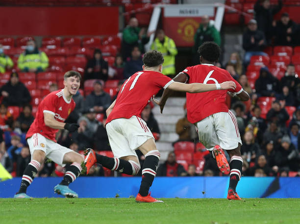 Kobbie Mainoo of Manchester United U18s celebrates scoring their second goal during the FA Youth Cup match between Manchester United U18s and Everton...
