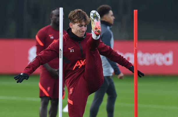 Kostas Tsimikas of Liverpool during a training session at AXA Training Centre on December 24, 2021 in Kirkby, England.