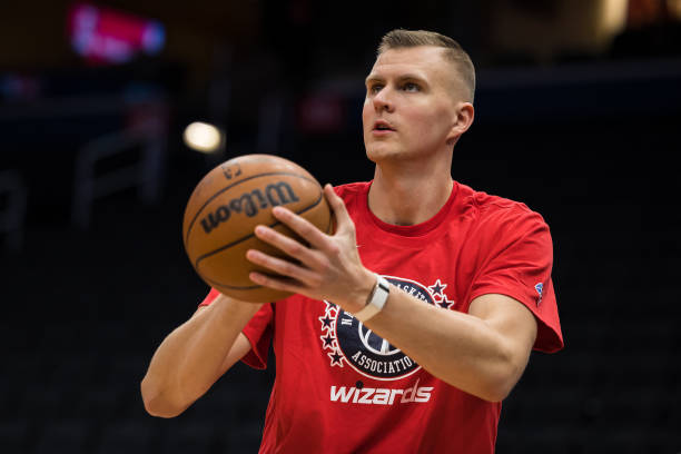 Kristaps Porzingis of the Washington Wizards warms up before the game against the Detroit Pistons at Capital One Arena on March 1, 2022 in...