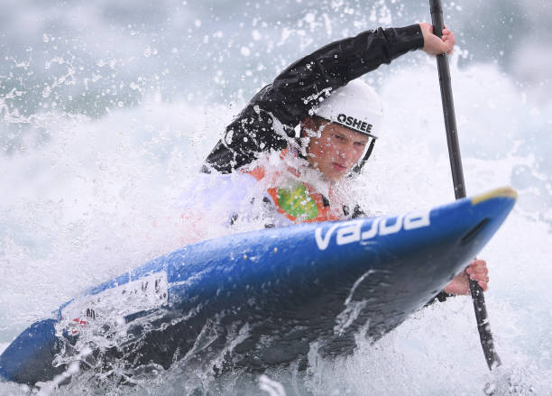 Krzysztof Majerczt of of Poland competes in the Mens K1 Heats during Day One of the 2019 ICF Canoe Slalom World Cup at Lee Valley White Water Centre...
