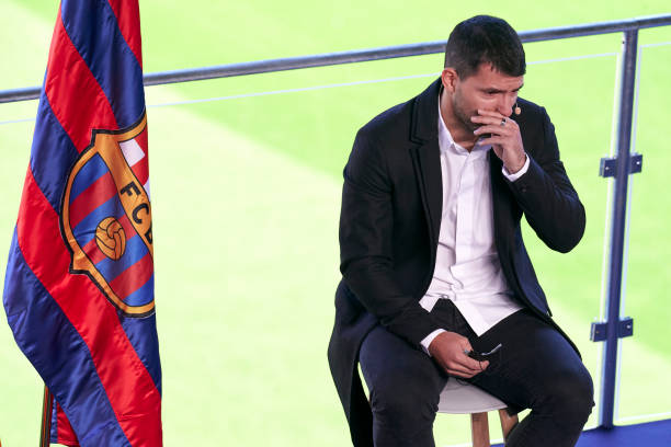 Kun Aguero of FC Barcelona announces his retirement from football due to a heart condition during a press conference at Nou Camp on December 15, 2021...