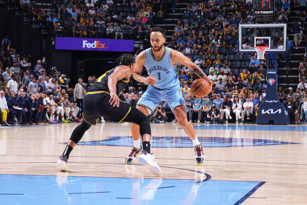 Kyle Anderson of the Memphis Grizzlies dribbles the ball during Game 5 of the 2022 NBA Playoffs Western Conference Semifinals against the Golden...