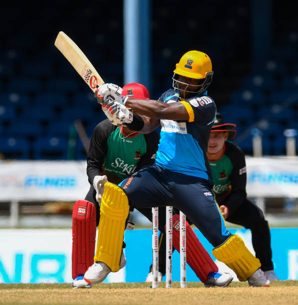 Kyle Mayers of Barbados Tridents hits 4 during the Hero Caribbean Premier League match 11 between St Kitts & Nevis Patriots and Barbados Tridents at...