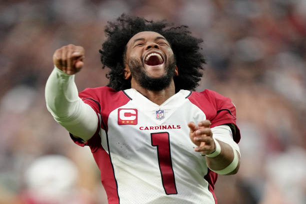 Kyler Murray of the Arizona Cardinals celebrates after the game-winning touchdown in overtime against the Las Vegas Raiders at Allegiant Stadium on...