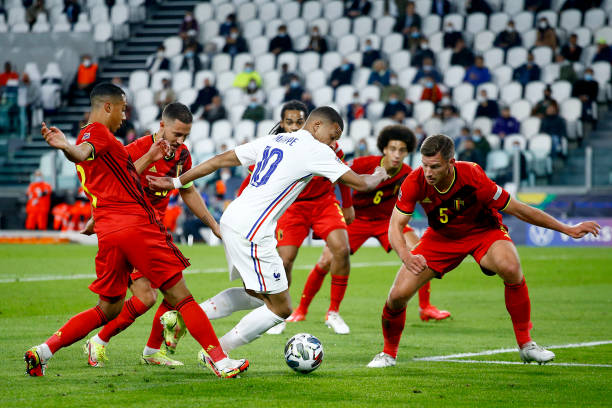 Kylian Mbappe of France controls the ball during the UEFA Nations League Semi-Final match between the Belgium and France at Juventus Stadium on...