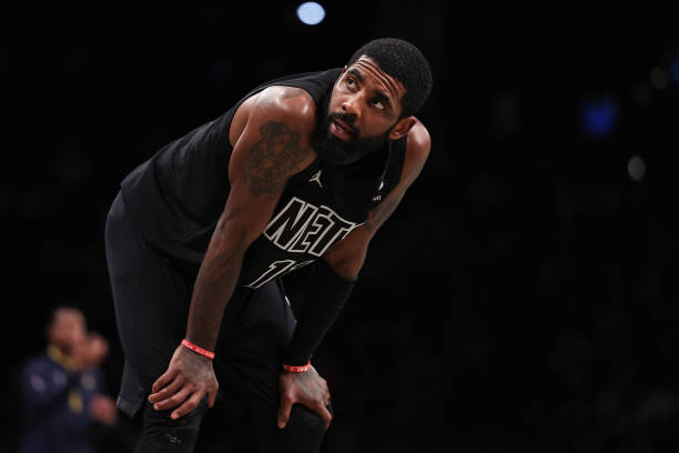 Kyrie Irving of the Brooklyn Nets looks on during a break in the action during the fourth quarter of the game against the Indiana Pacers at Barclays...