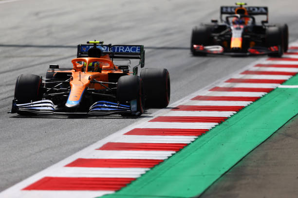 Lando Norris of Great Britain driving the McLaren F1 Team MCL35M Mercedes during the F1 Grand Prix of Styria at Red Bull Ring on June 27, 2021 in...