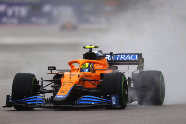 Lando Norris of Great Britain driving the McLaren F1 Team MCL35M Mercedes during qualifying ahead of the F1 Grand Prix of Russia at Sochi Autodrom on...