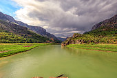 Landscape of the Euphrates River in Kemaliye, Erzincan, Turkey. The Euphrates flows through Syria and Iraq to join the Tigris in the Shatt al-Arab, which empties into the Persian Gulf.