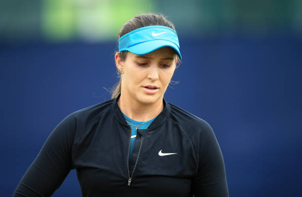 Laura Robson of Great Britain looks on during Day Five of the Nature Valley Open at Nottingham Tennis Centre on June 13, 2018 in Nottingham, United...