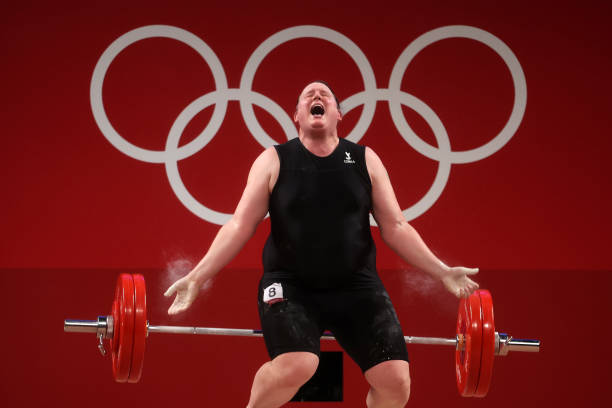 Laurel Hubbard of Team New Zealand competes during the Weightlifting - Women's 87kg+ Group A on day ten of the Tokyo 2020 Olympic Games at Tokyo...