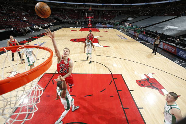 Lauri Markkanen of the Chicago Bulls shoots the ball during the game against the Boston Celtics on May 7, 2021 at United Center in Chicago, Illinois....