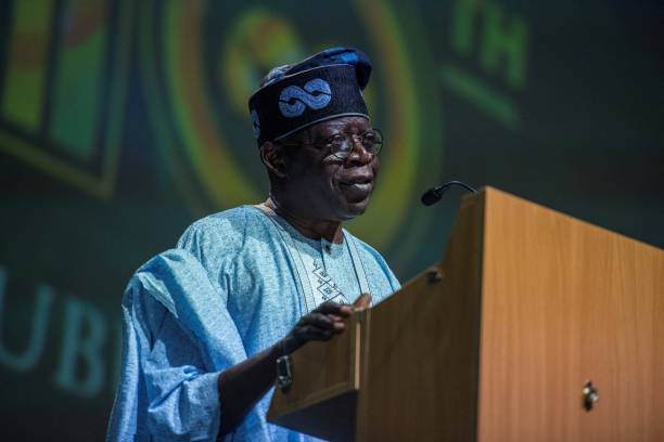 Leader of the All Progressive Congress Asiwaju Bola Tinubu delivers a speech during a rally organized to celebrate his 66th birthday in Lagos, on...