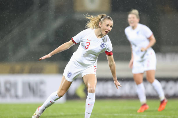 Leah Williamson of England celebrates scoring her team's eighth goal during the FIFA Women's World Cup 2023 Qualifier group D match between Latvia...