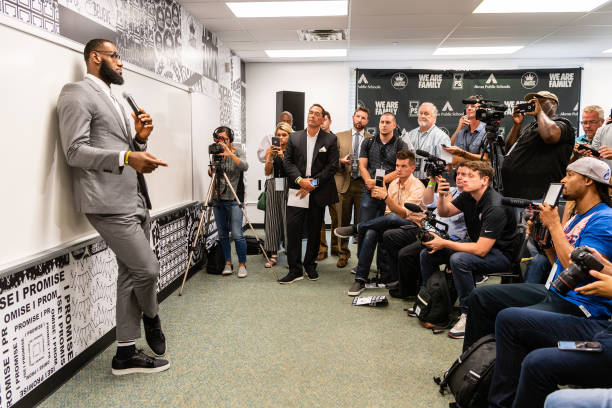 LeBron James addresses the media after the opening ceremonies of the I Promise School on July 30, 2018 in Akron, Ohio. The School is a partnership...