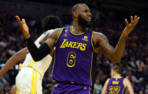 LeBron James of the Los Angeles Lakers questions a call during the 1st half of the game against the Golden State Warriors at Chase Center on October...