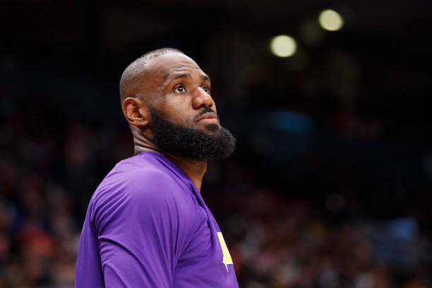 LeBron James of the Los Angeles Lakers warms up ahead of their NBA game against the Toronto Raptors at Scotiabank Arena on March 18, 2022 in Toronto,...