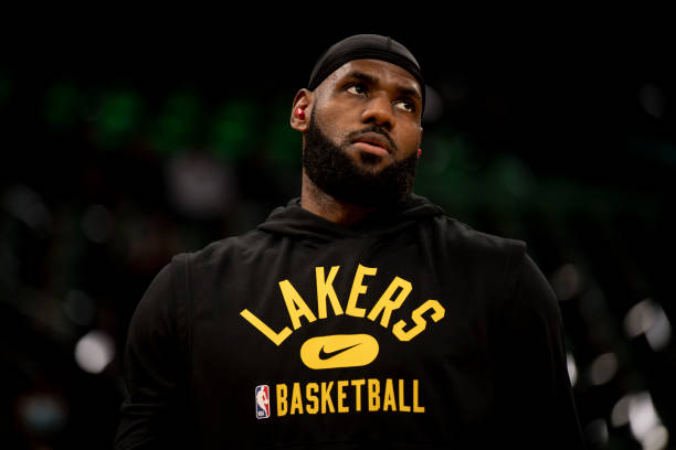 LeBron James of the Los Angeles Lakers warms up before a game against the Boston Celtics at TD Garden on November 19, 2021 in Boston, Massachusetts....