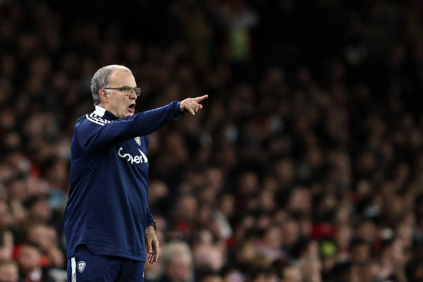 Leeds manager Marcelo Bielsa during the Carabao Cup Round of 16 match between Arsenal and Leeds United at Emirates Stadium on October 26, 2021 in...