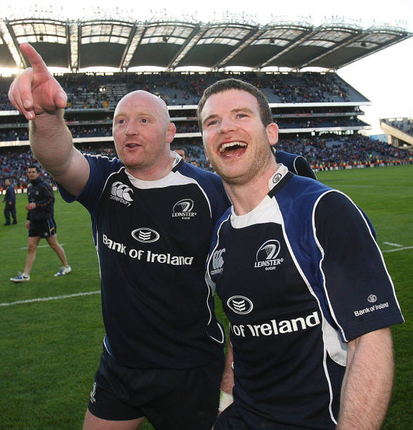 Leinster's Bernard Jackman and Gordan D'Arcy celebrate after the final whistle during the Heineken Cup, Semi Final at Croke Park, Dublin. (Photo by Julien Behal - PA Images/PA Images via Getty Images)