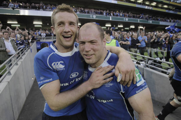 Leinster's Luke Fitzgerald and Richard Strauss celebrate victory over Leicester in the Heineken Cup Quarter Final match at the Aviva Stadium, Dublin. (Photo by Niall Carson/PA Images via Getty Images)