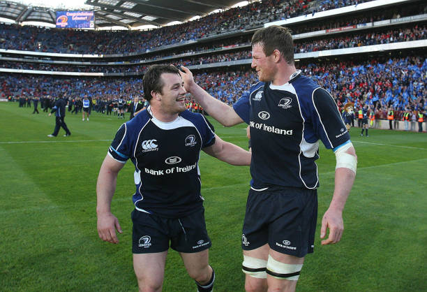 Leinster's Malcolm O'Kelly and Cian Healy celebrate after the final whistle during the Heineken Cup, Semi Final at Croke Park, Dublin. (Photo by Julien Behal - PA Images/PA Images via Getty Images)