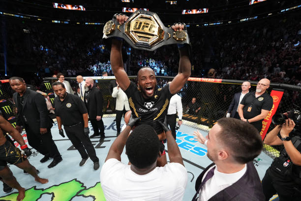 Leon Edwards of Jamaica celebrates after defeating Kamaru Usman of Nigeria in the UFC welterweight championship fight during the UFC 278 event at...