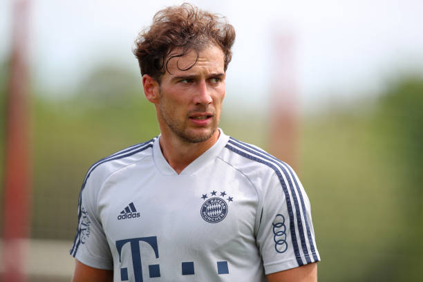 Leon Goretzka of FC Bayern Muenchen looks on during a training session at Saebener Strasse training ground on April 28 2020 in Munich Germany