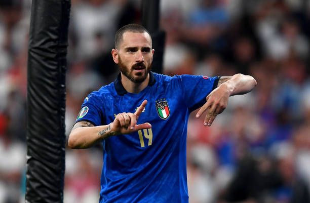 Leonardo Bonucci of Italy celebrates after scoring their side's first goal during the UEFA Euro 2020 Championship Final between Italy and England at...