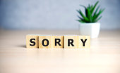 Letter block in word sorry on wood background