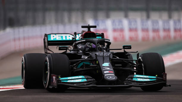 Lewis Hamilton of Great Britain driving the Mercedes AMG Petronas F1 Team Mercedes W12 during the F1 Grand Prix of Russia at Sochi Autodrom on...