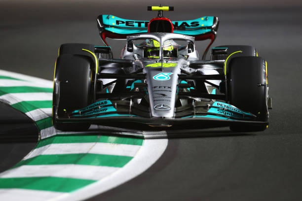 Lewis Hamilton of Great Britain driving the Mercedes AMG Petronas F1 Team W13 on track during qualifying ahead of the F1 Grand Prix of Saudi Arabia...
