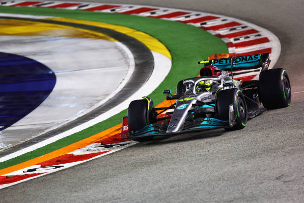 Lewis Hamilton of Great Britain driving the Mercedes AMG Petronas F1 Team W13 on track during the F1 Grand Prix of Singapore at Marina Bay Street...