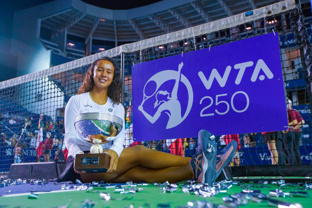 Leylah Fernandez of Canada celebrates with the champions trophy after winning the singles final match as part of the GNP Seguros WTA Monterrey Open...