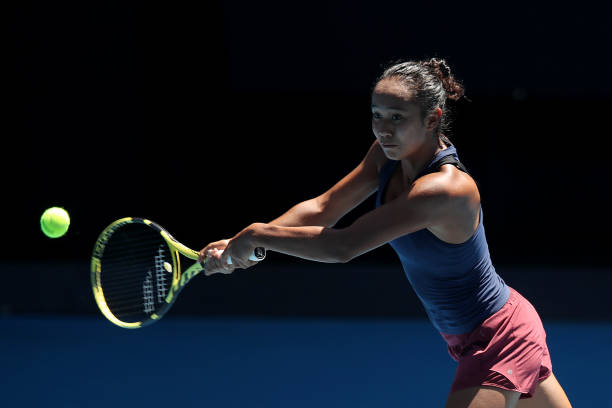 Leylah Fernandez of Canada plays a backhand during a practice session ahead of the 2022 Australian Open at Melbourne Park on January 12, 2022 in...