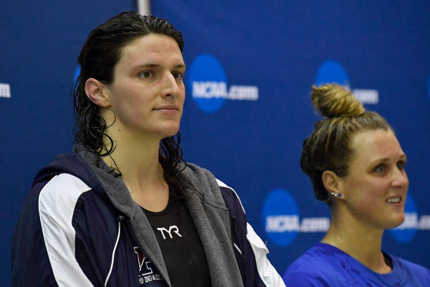 Lia Thomas looks on from the podium after finishing fifth in the 200 Yard Freestyle during the 2022 NCAA Division I Women's Swimming & Diving...