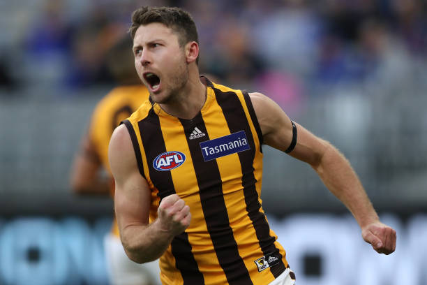Liam Shiels of the Hawks celebrates a goal during the round 12 AFL match between the West Coast Eagles and the Hawthorn Hawks at Optus Stadium on...