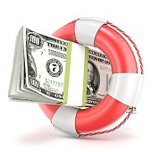 Life buoy with dollars banknote. 3D