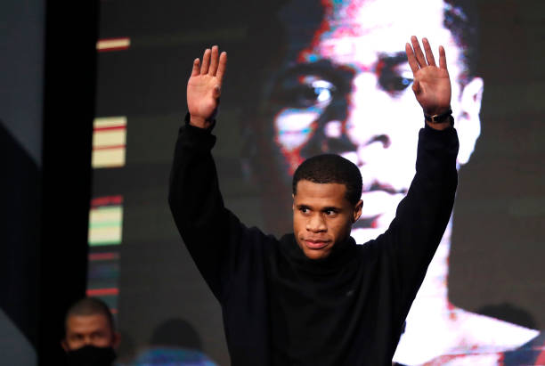 Lightweight champion Devin Haney arrives onstage for an official weigh-in at MGM Grand Garden Arena on December 03, 2021 in Las Vegas, Nevada. Haney...